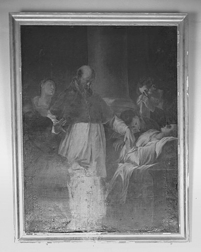 Tableau : saint Charles Borromée (?) soignant un pestiféré.