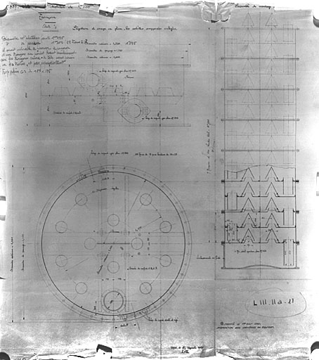 Plan et coupe d'une colonne à distiller de 1, 40 m, 1923.