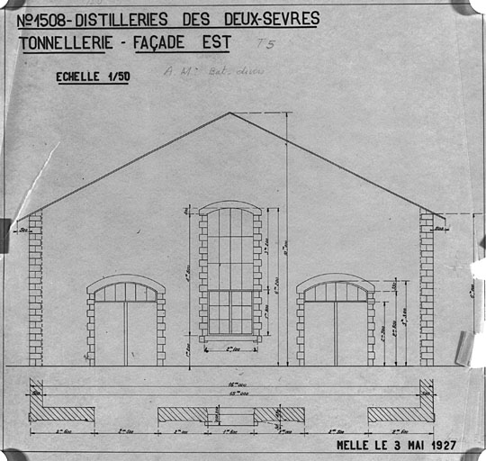 Tonnellerie, façade est, calque de 1927.