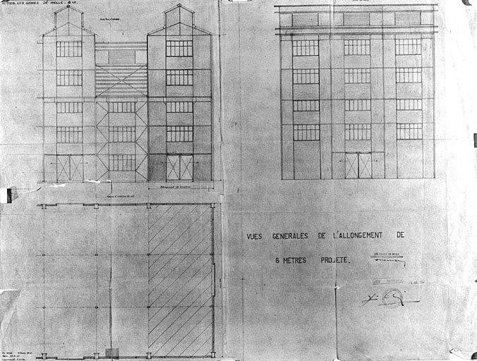 Plan et coupe de la salle de distillation, projet d'allongement de 1947.