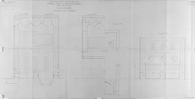 Installation d'une chaudière B.W. de 500 m2, maçonneries, coupes transversales, 1947.