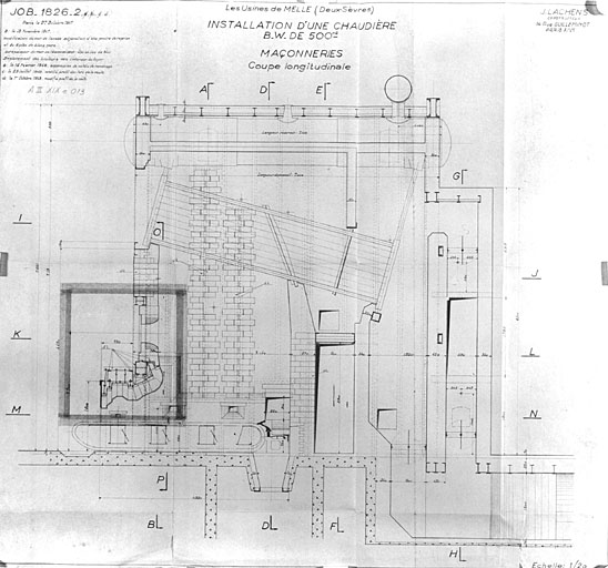 Installation d'une chaudière B.W. de 500 m2, maçonneries, coupes longitudinales, 1947.