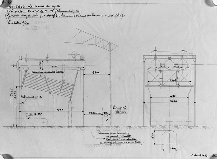 Installation d'une chaudière B.W. de 500 m2, plan Lardet de 1947.