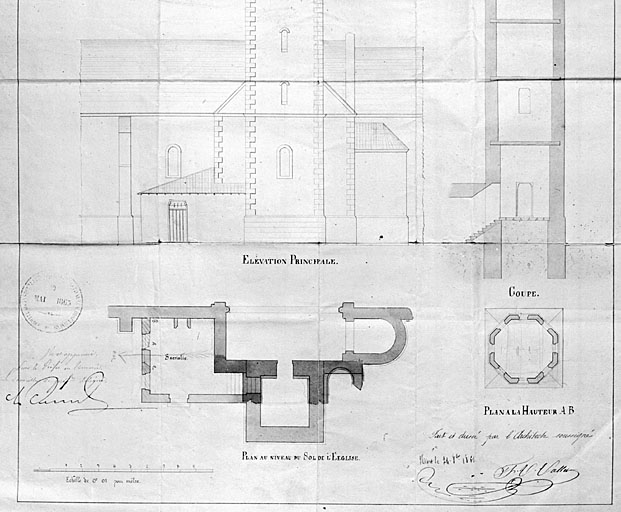 Projet de construction du clocher, par Fr.V. Vallet, 1861.