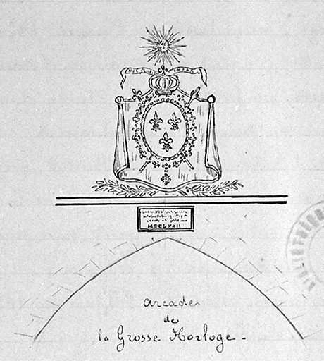 Elévation sud, restitution des armes de France, par L'Evêque à la fin du XIXe siècle, manuscrits n°2203, armoiries.