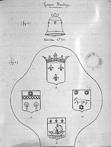 Cloche et armoiries, restitution, par L'Evêque à la fin du XIXe siècle manuscrits n°2203.