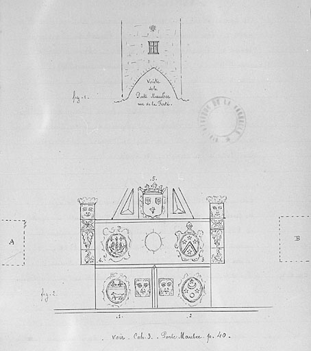 Elévation de la vieille porte et armoiries de la porte bâtie en 1611.