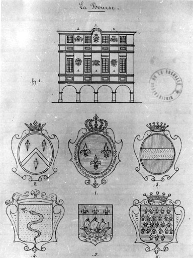 Elévation est de l'ancienne bourse et détail des armoiries.