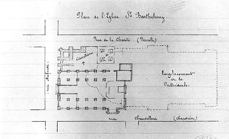 Plan de l'église Saint Barthélemy, restitution vers 1889 de l'état de 1750.