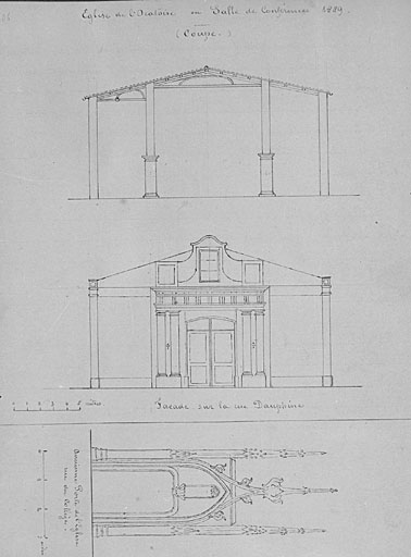 Coupe transversale, façade et détail d'une porte.