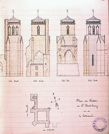 Plan et élévations du clocher, vers 1889.