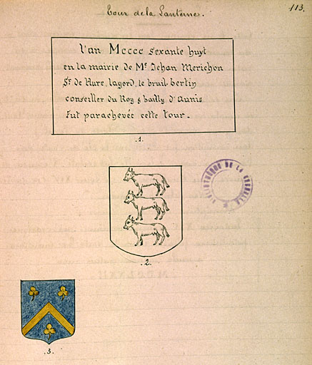 Armoiries et inscription. Manuscrit de L'Evêque n°2203, à la fin du XIXe siècle.