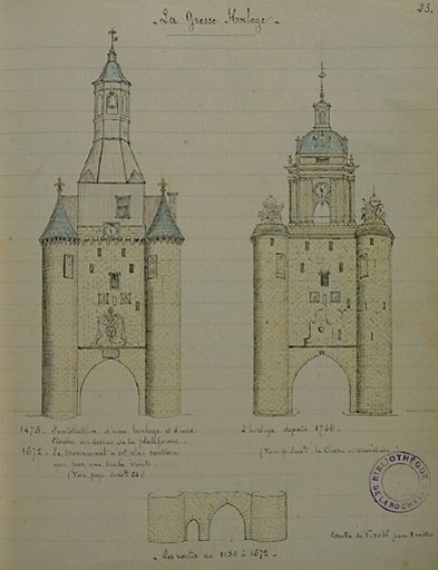 Elévation sud, dessin des différents états successifs, par L'Evêque à la fin du XIXe siècle manuscrits n°2187.