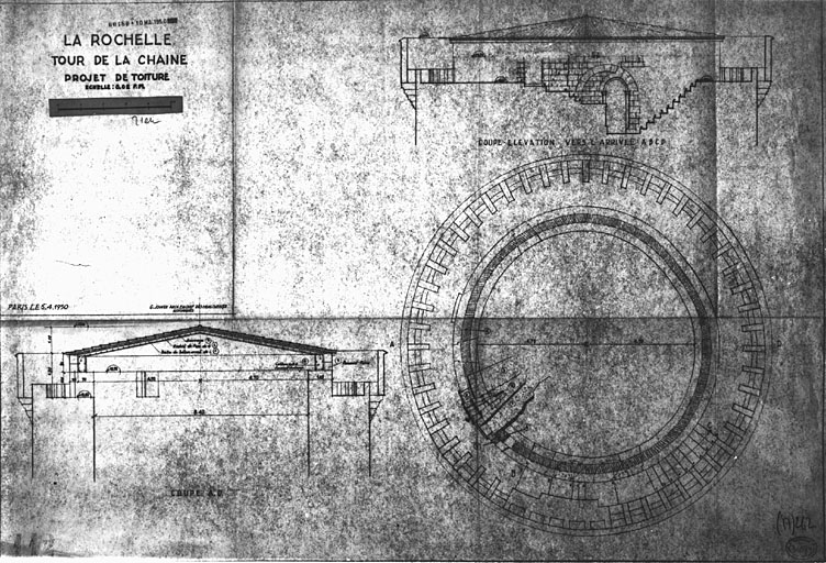 Nouveau projet de toiture de 1950, coupe, élévation et plan, par G. Jouven.