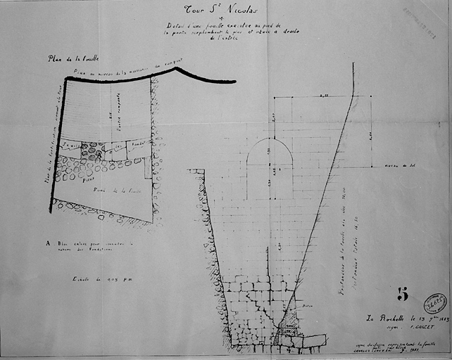 Plan et coupe d'une fouille faite par J. Lisch en 1883, recopiée par G.Jouven en 1951.