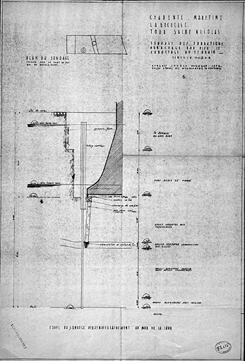 Sondage des fondations, plan et coupe de 1953, par G. Jouven.