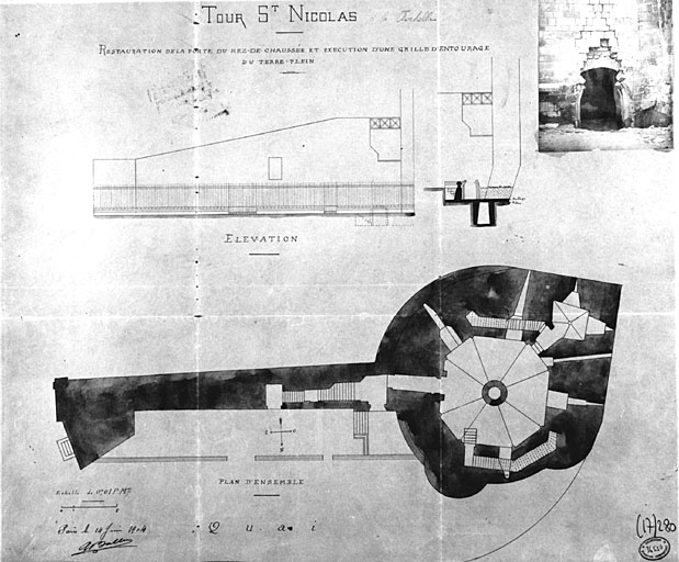 Restauration de la porte du rez-de-chaussée, plan et coupe, par Ballu, en 1904.