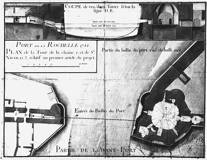 Entrée du port et tour Saint-Nicolas coupe et plan au rez-de-chaussée, projet de 1744.