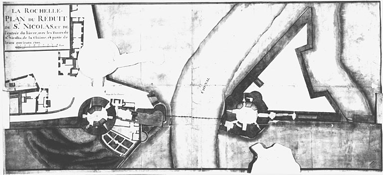 Tour Saint Nicolas, avec la tour de la Chaîne, plan au rez-de-chaussée, en 1709.