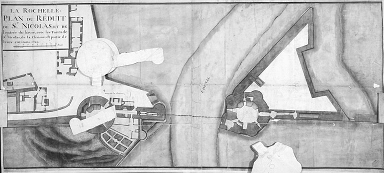 Plan du réduit de Saint Nicolas et des deux tours avec leur environnement, vers 1709 (avec retombes).