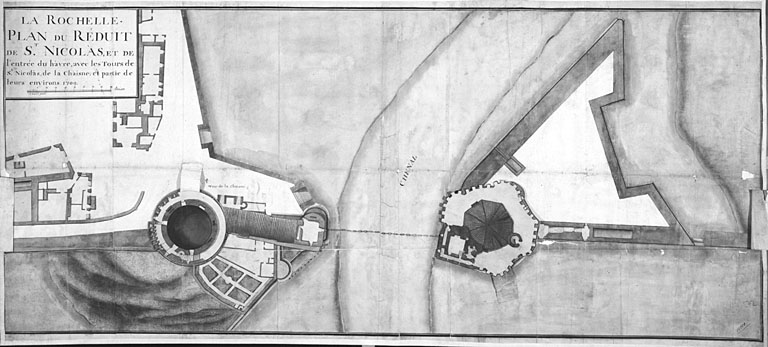 Plan du réduit de Saint Nicolas et des deux tours avec leur environnement, vers 1709 (avec retombes).