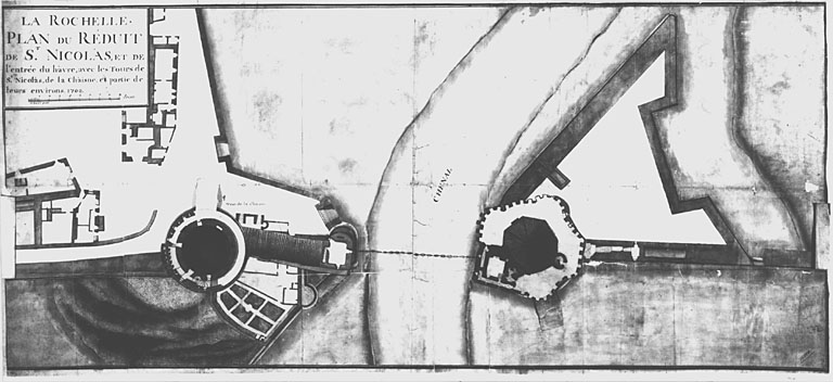 Tour Saint Nicolas, avec la tour de la Chaîne, plan au niveau de la terrasse, en 1709.