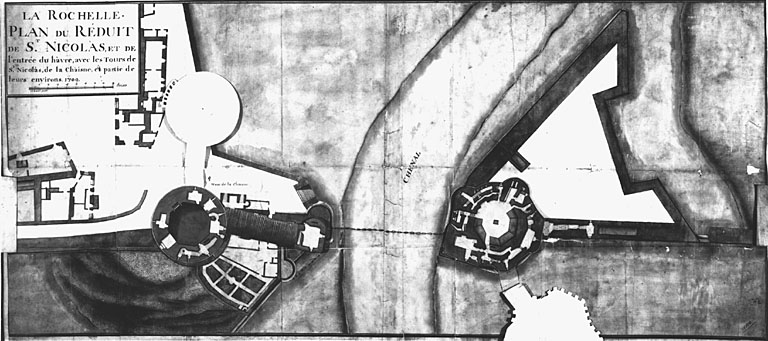 Plan du réduit de Saint Nicolas et des deux tours avec leur environnement, au deuxième étage, vers 1709 (avec retombes).