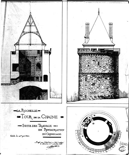 Nouveau projet de construction d'un couvrement, coupe, élévation et plan du dernier niveau, en 1922, par Gauthier.