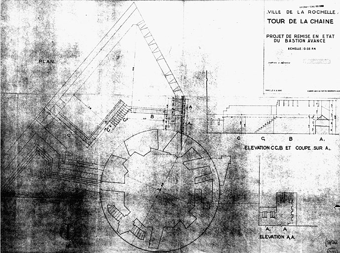 Projet de remise en état du demi bastion avancé, plan et coupe, en 1950, par G.Jouven.