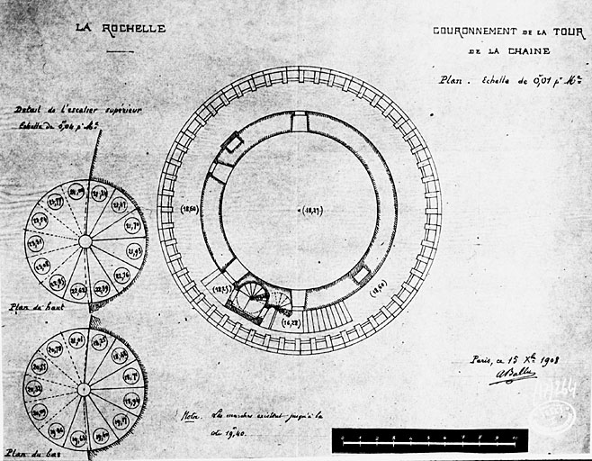 Projet de construction d'un couronnement de la tour, plan à partir de la plate forme et détail d'escalier, par Ballu, en 1908.