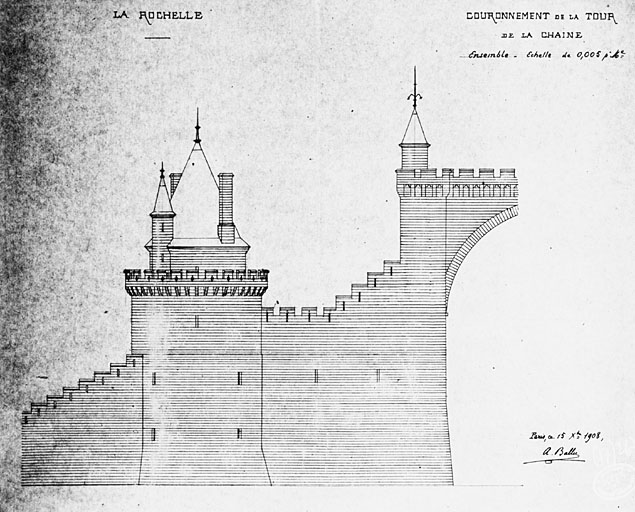 Projet de construction d'un couronnement, ensemble de l'élévation de l'élévation sud, par Ballu en 1908,