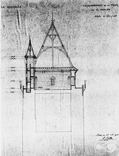 Projet de construction d'un couronnement de la tour, coupe de la partie supérieure, par Ballu, en 1908.