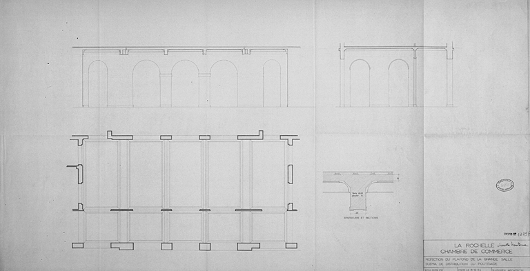 Grande salle, plan, coupe et élévations, projet de réfection du plafond, par G.Jouven, en 1954.