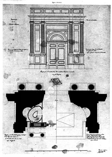 Projet pour la construction d'une tribune destinée à recevoir un jeu d'orgues, élévation et plan par Brossard, en 1835.