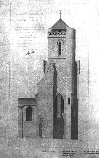 Projet de restauration du clocher, élévation ouest par Massiou, en 1873.