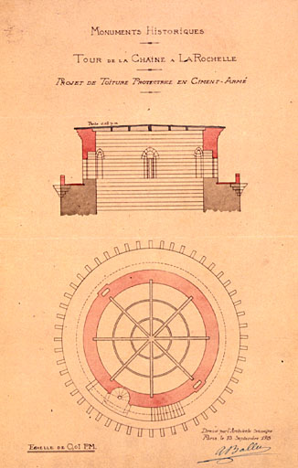 Projet de recouvrement en ciment armé, coupe et plan par Ballu, en 1915.