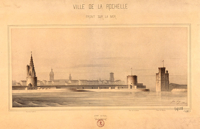 Vue générale sud avec les tours d'entrée du port, en 1864, par J. Lisch.