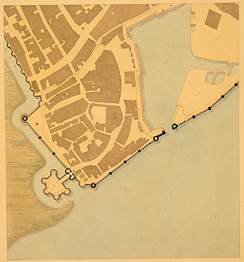 Front de mer et angle sud ouest, état ancien, plan par J. Lisch, en 1864.