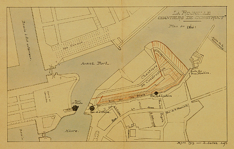 Front sud, plan d'alignement pour l'aménagement des abords, en 1909, par Sallez.