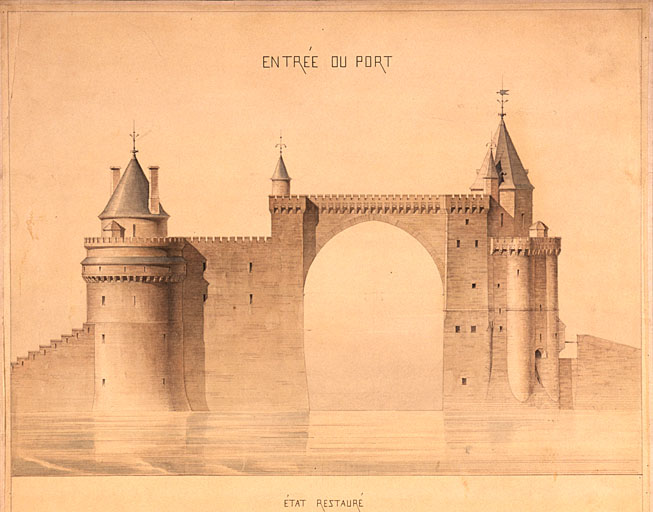 Projet de construction pour relier les tours de la Chaîne et Saint-Nicolas. Elévation sud et plans, en 1864, par J.Lisch.