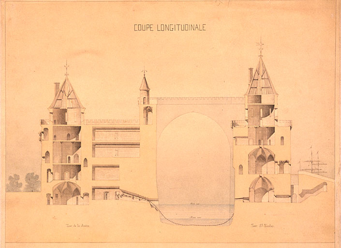 Projet de construction pour relier les tours de la Chaîne et Saint-Nicolas. Coupes et élévations, en 1864, par J.Lisch.