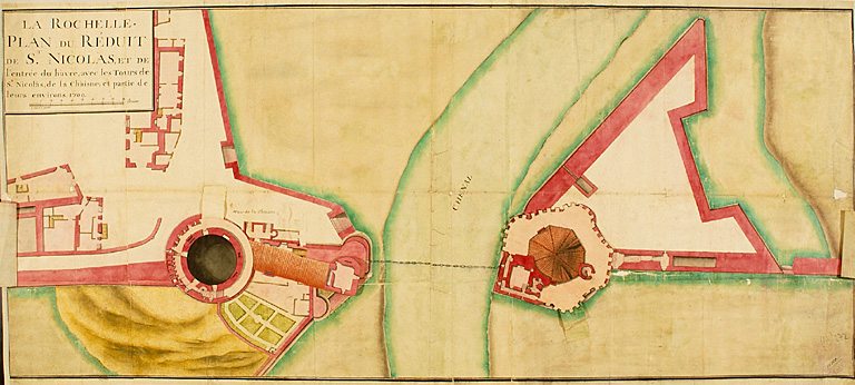 Plan du réduit de Saint Nicolas et des deux tours avec leur environnement, vers 1709.