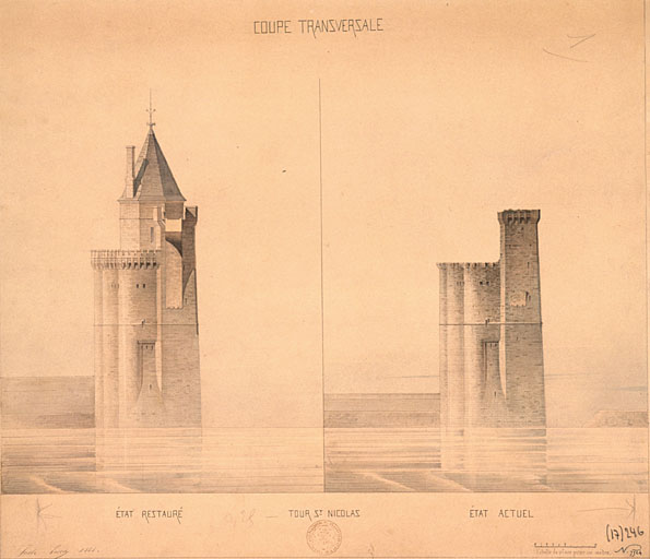 Projet de J. Lisch de 1864 pour l'entrée du port, élévation avant et après restauration.