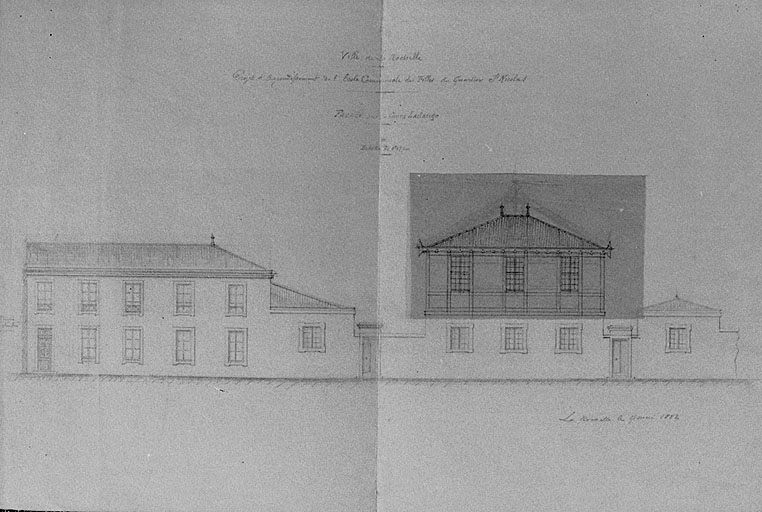 Projet d'agrandissement de 1882, par Massiou. Façade avec retombe baissée.