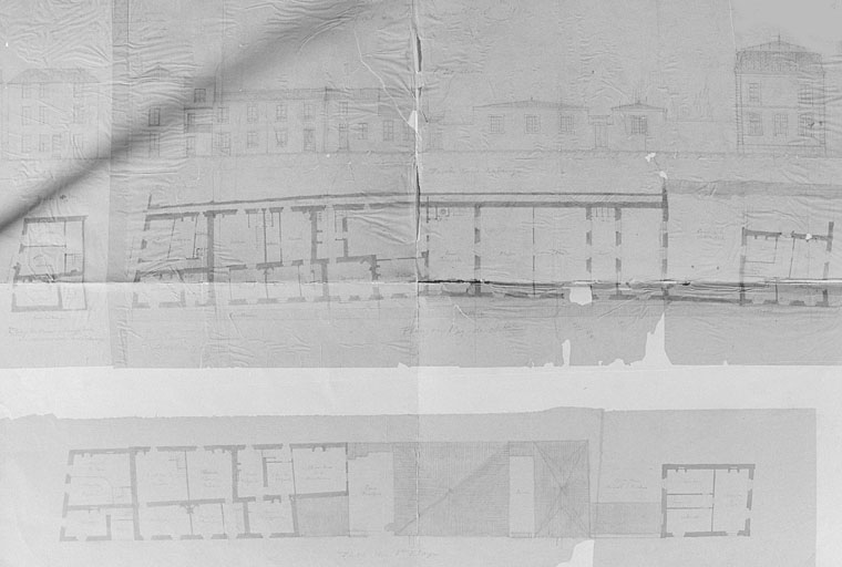 Plans au rez-de-chaussée et au premier étage et façade, état des lieux de 1882, par Massiou.