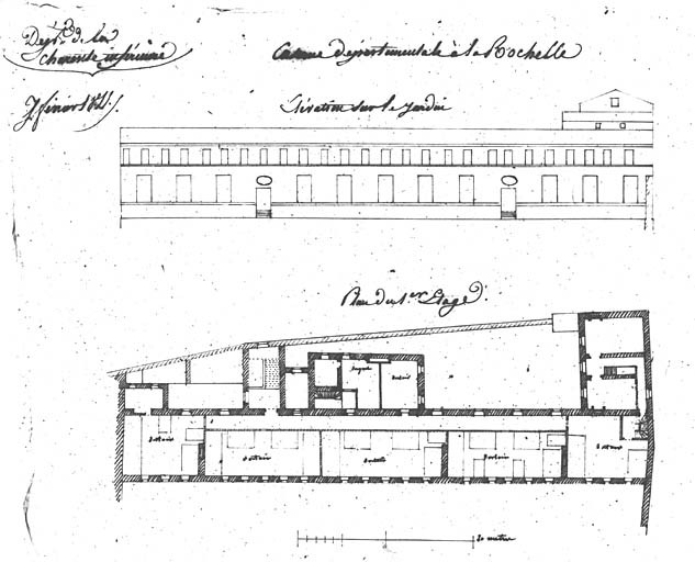 Projet d'établissement d'une caserne, 1811, élévation sur le jardin et plan du 1er étage.