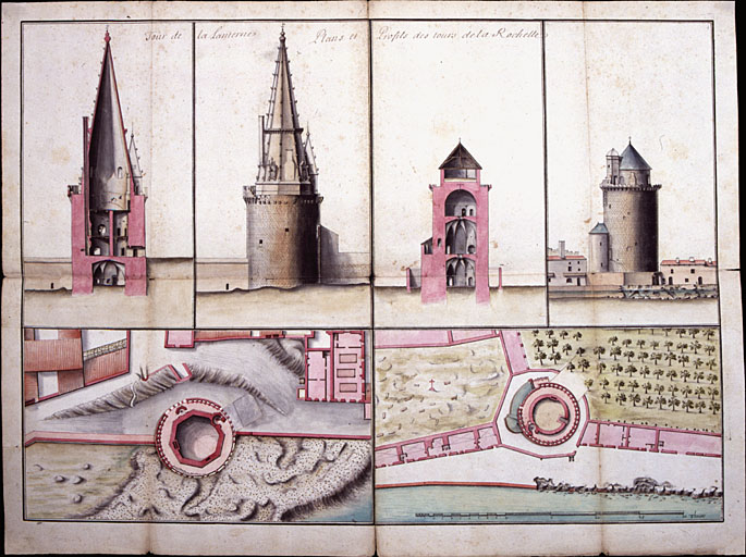 Plan au niveau de la plate forme supérieure, coupe et élévation, en 1697, par Ferry.