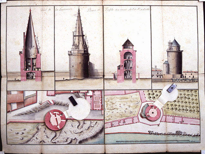 Plan au deuxième niveau, coupe et élévations en 1697, par Ferry, 2e retombe.