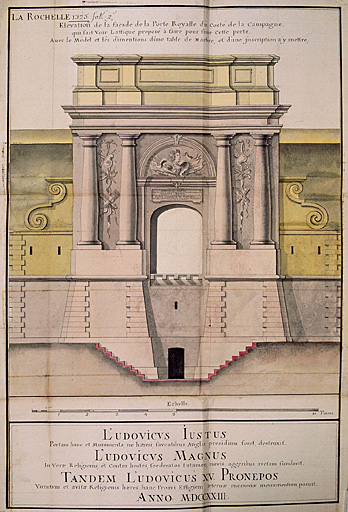 Façade, attique et inscription proposée, 1723. M de Tigné.