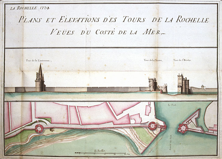 Plans et élévations des tours de La Rochelle vues du côté de la mer, 1729, par M. de Tigné.